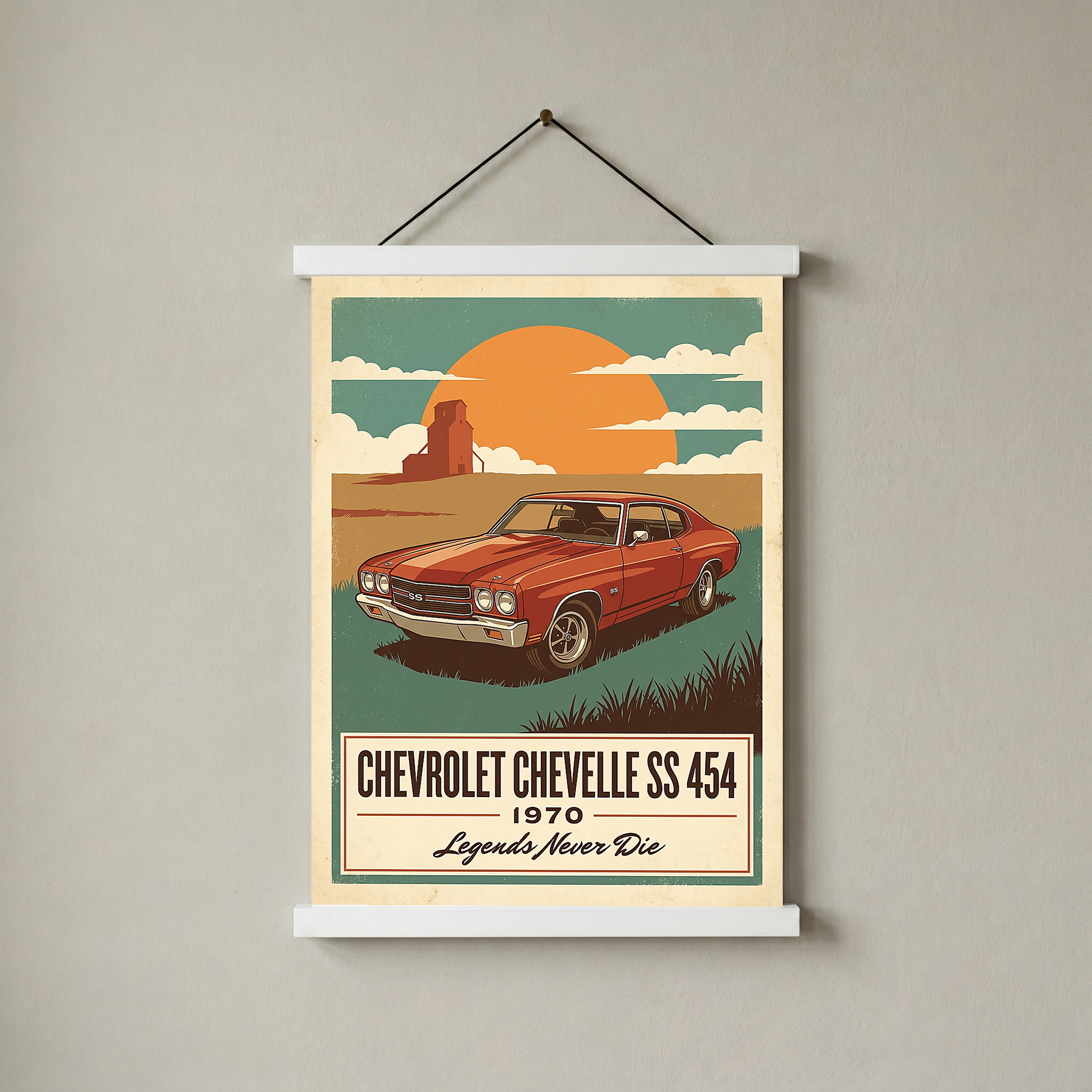 Chevrolet Chevelle SS 454 1970 V8 Sunset Silo Poster — Vintage Muscle Heartland Print