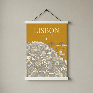 Lisbon Line Art Print — Mustard Yellow Tram Belém Tower Skyline Wall Art