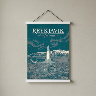 Reykjavik Line Art Print — Teal Hallgrímskirkja Aurora Skyline Wall Art