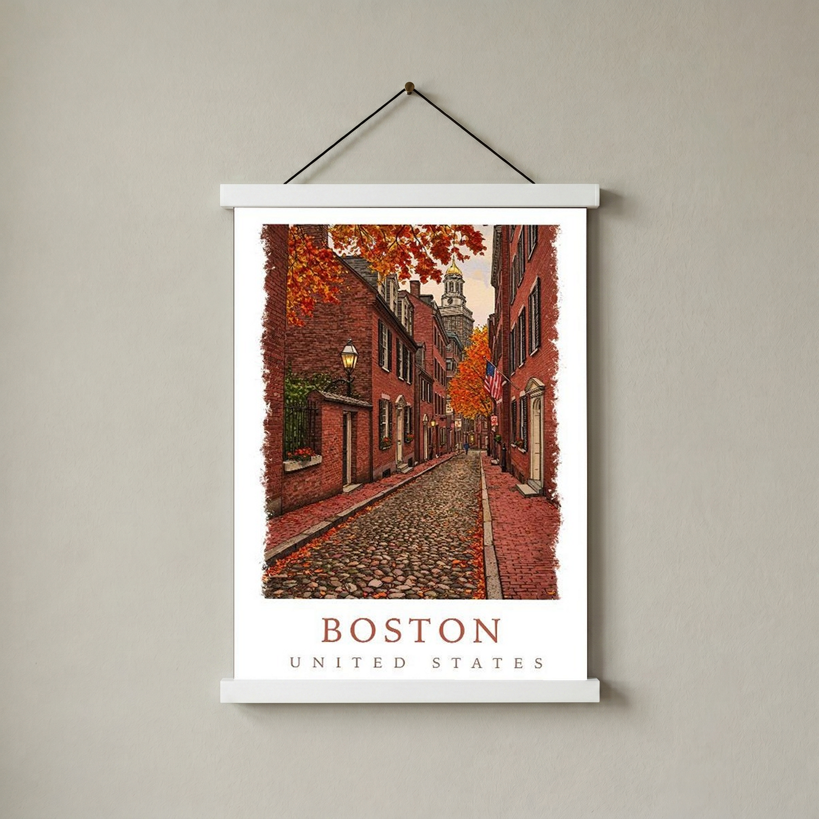 Boston USA Travel Poster — Acorn Street Beacon Hill Fall Foliage Print