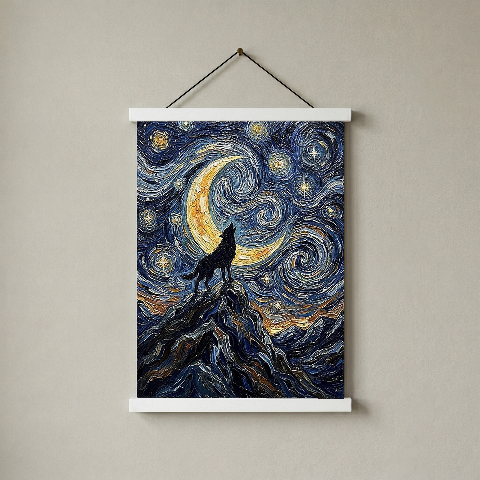 Black Wolf Howling Crescent Moon Print — Van Gogh-Style Mountain Wall Art