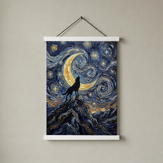 Black Wolf Howling Crescent Moon Print — Van Gogh-Style Mountain Wall Art