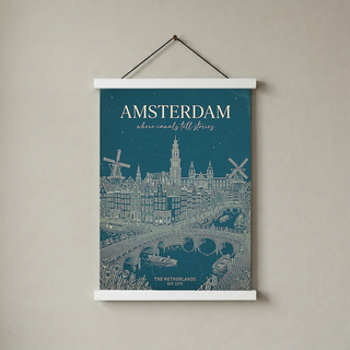 Amsterdam Line Art Print — Teal Canal Windmill Skyline Wall Art