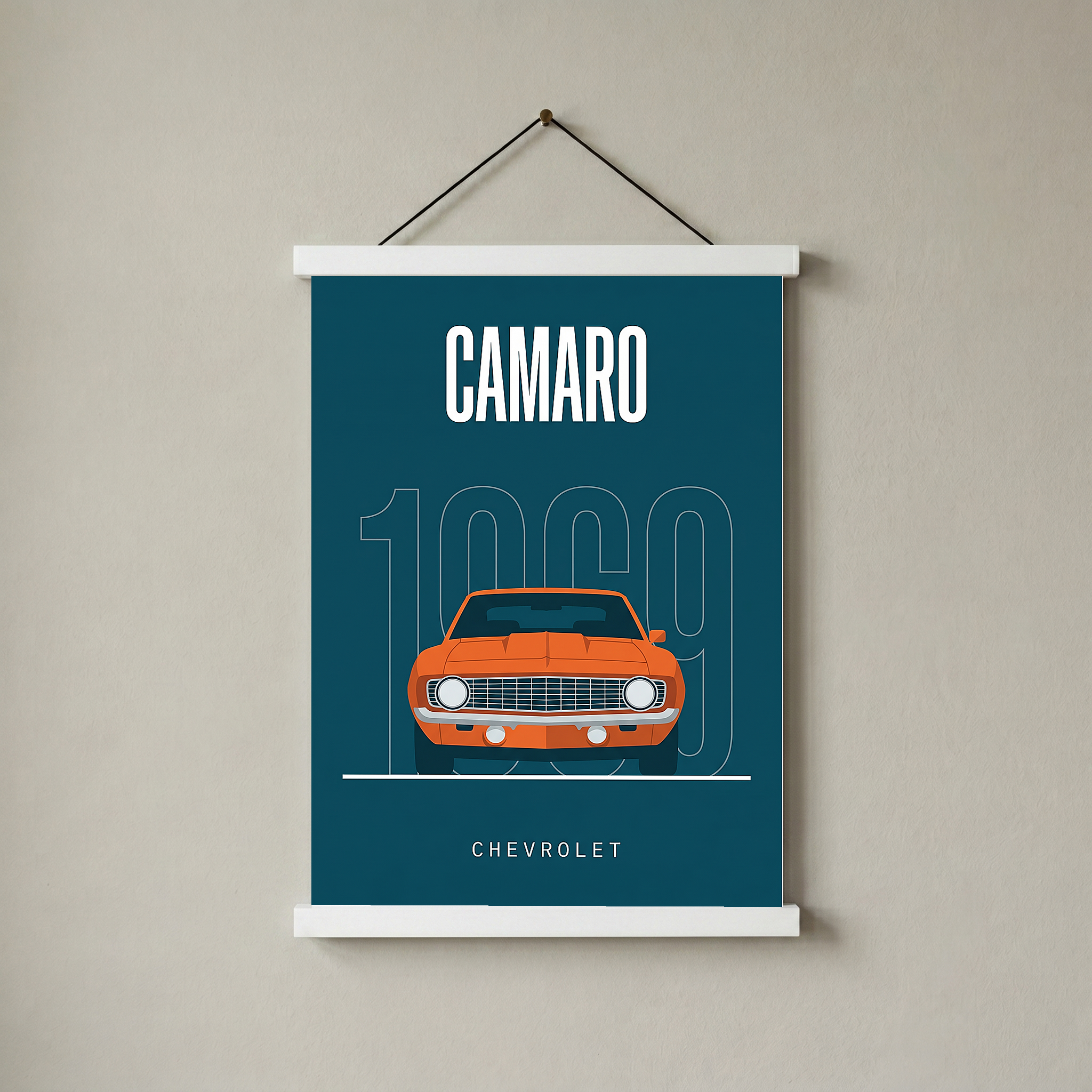 Chevrolet Camaro 1969 Minimalist Poster — Teal Muscle Car Line Art