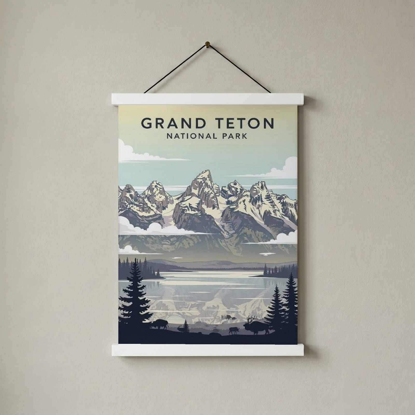 Grand Teton National Park Poster — Vintage Wyoming Bison Jackson Lake Print