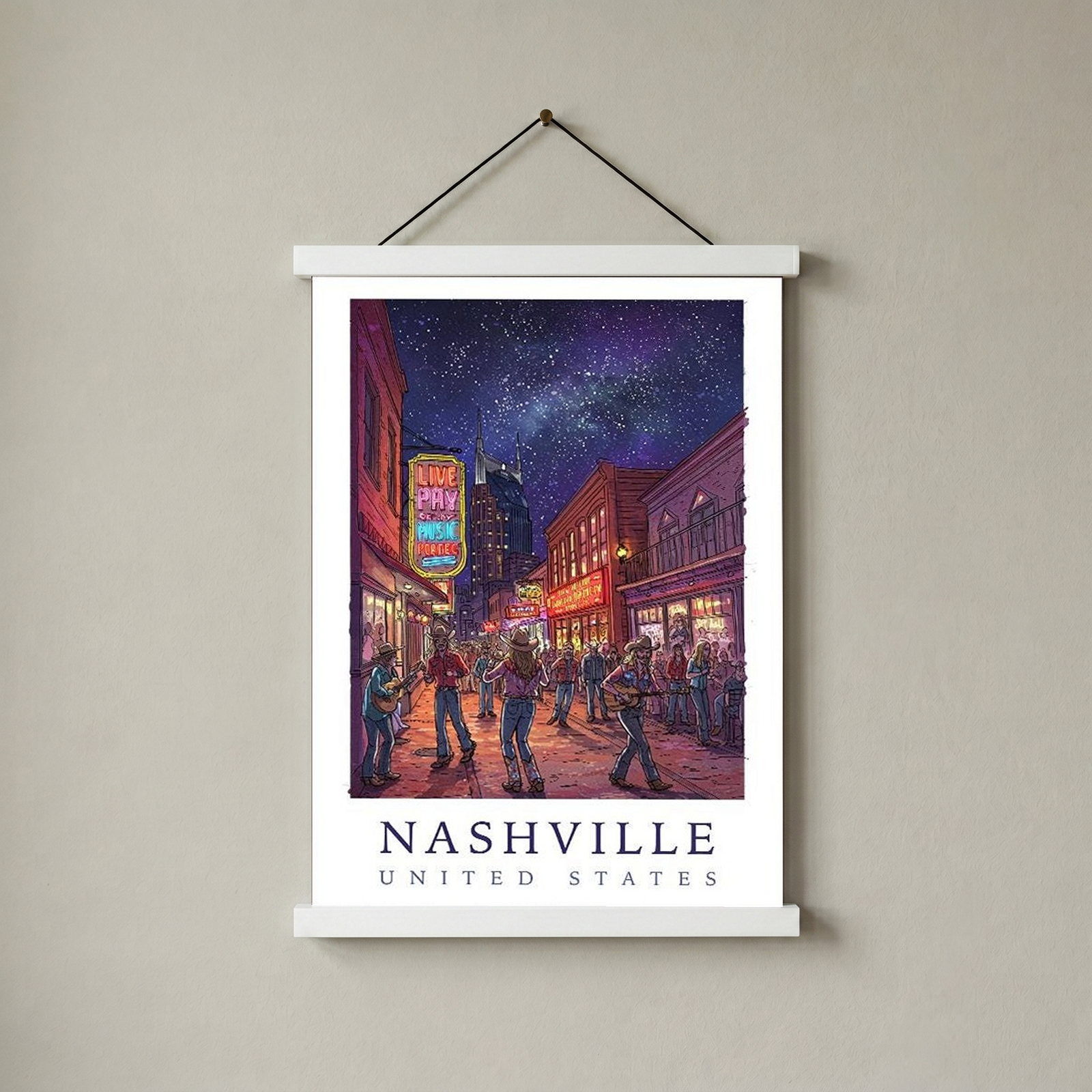 Nashville Travel Poster — Music City Broadway Honky Tonks Night Print