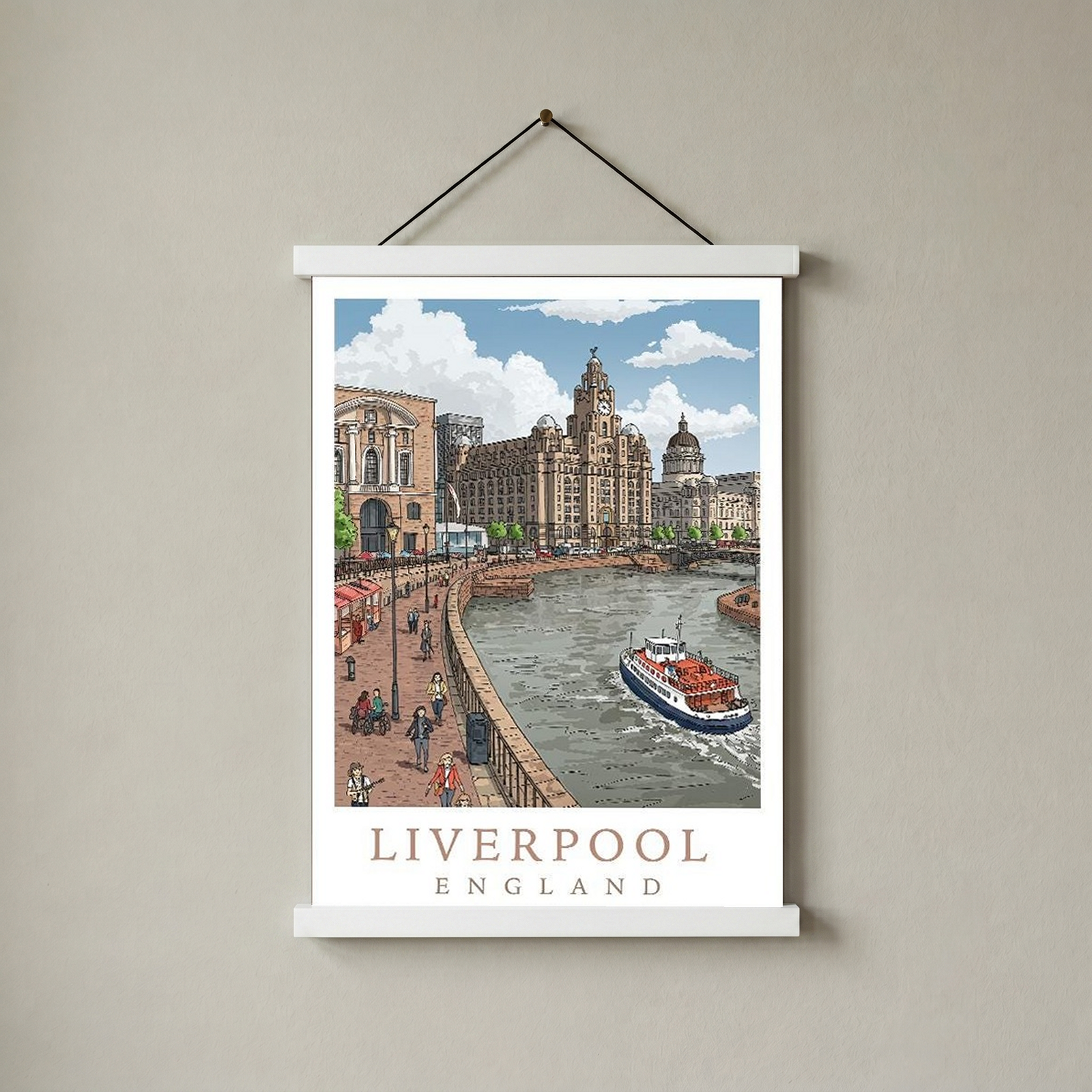 Liverpool England Travel Poster — Pier Head Liver Building Waterfront Print