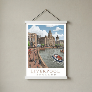 Liverpool England Travel Poster — Pier Head Liver Building Waterfront Print