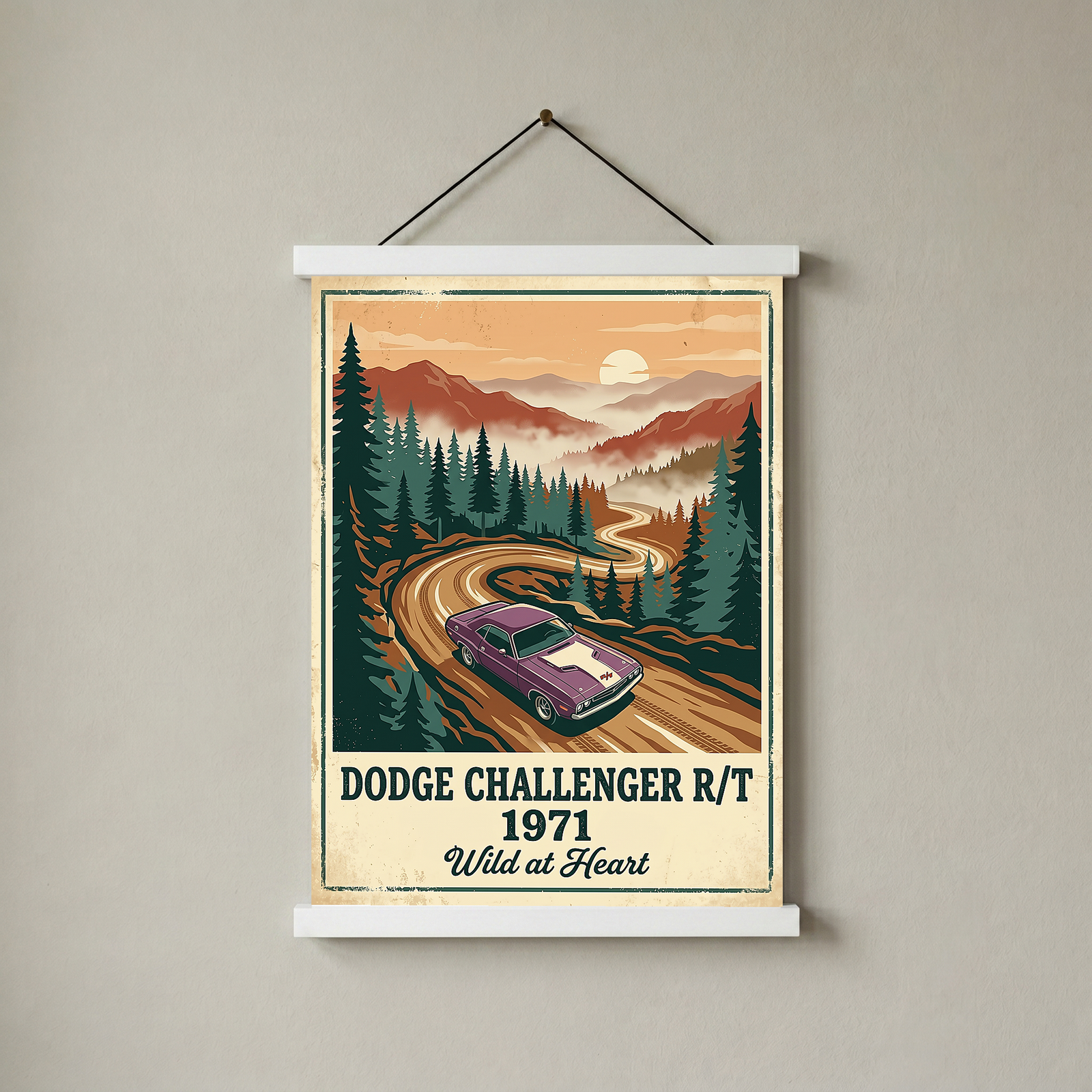 Dodge Challenger R/T 1971 V2 Poster — Vintage Muscle Misty Pine Mountain Print