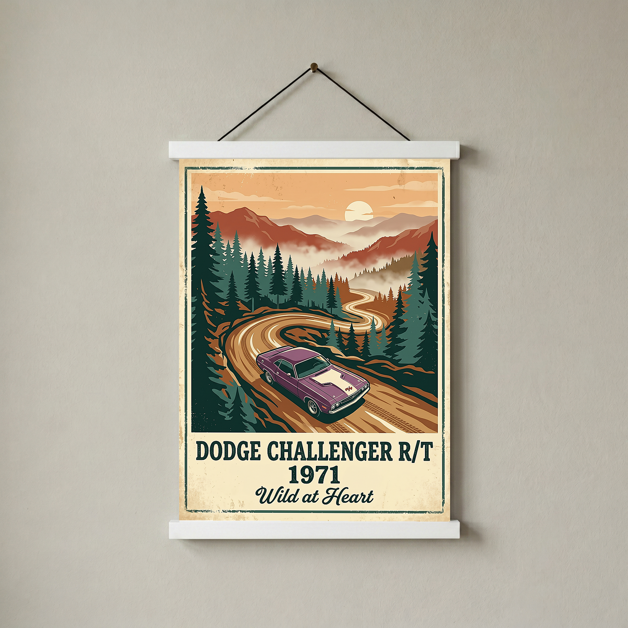 Dodge Challenger R/T 1971 V2 Poster — Vintage Muscle Misty Pine Mountain Print