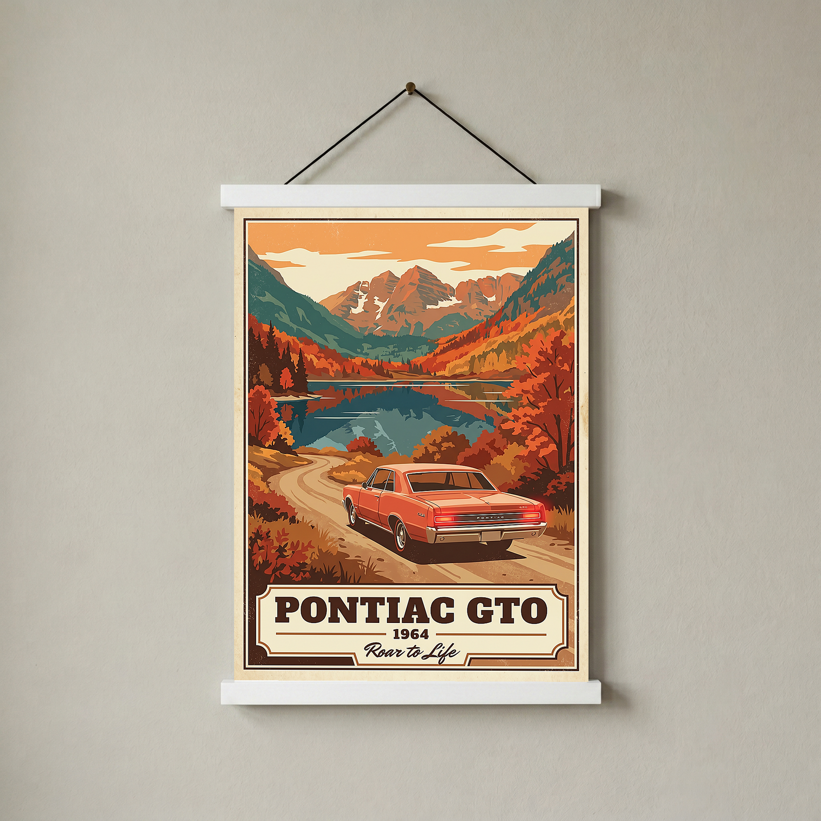 Pontiac GTO 1964 V4 Poster — Vintage Muscle Autumn Mountain Lake Print