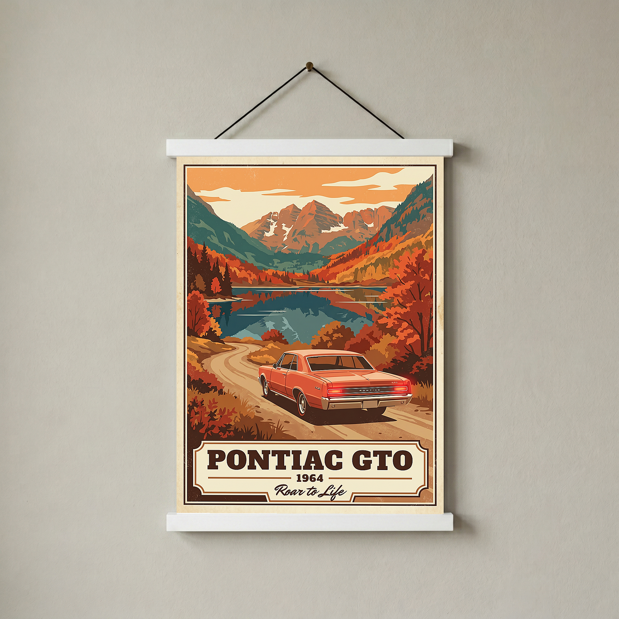 Pontiac GTO 1964 V4 Poster — Vintage Muscle Autumn Mountain Lake Print