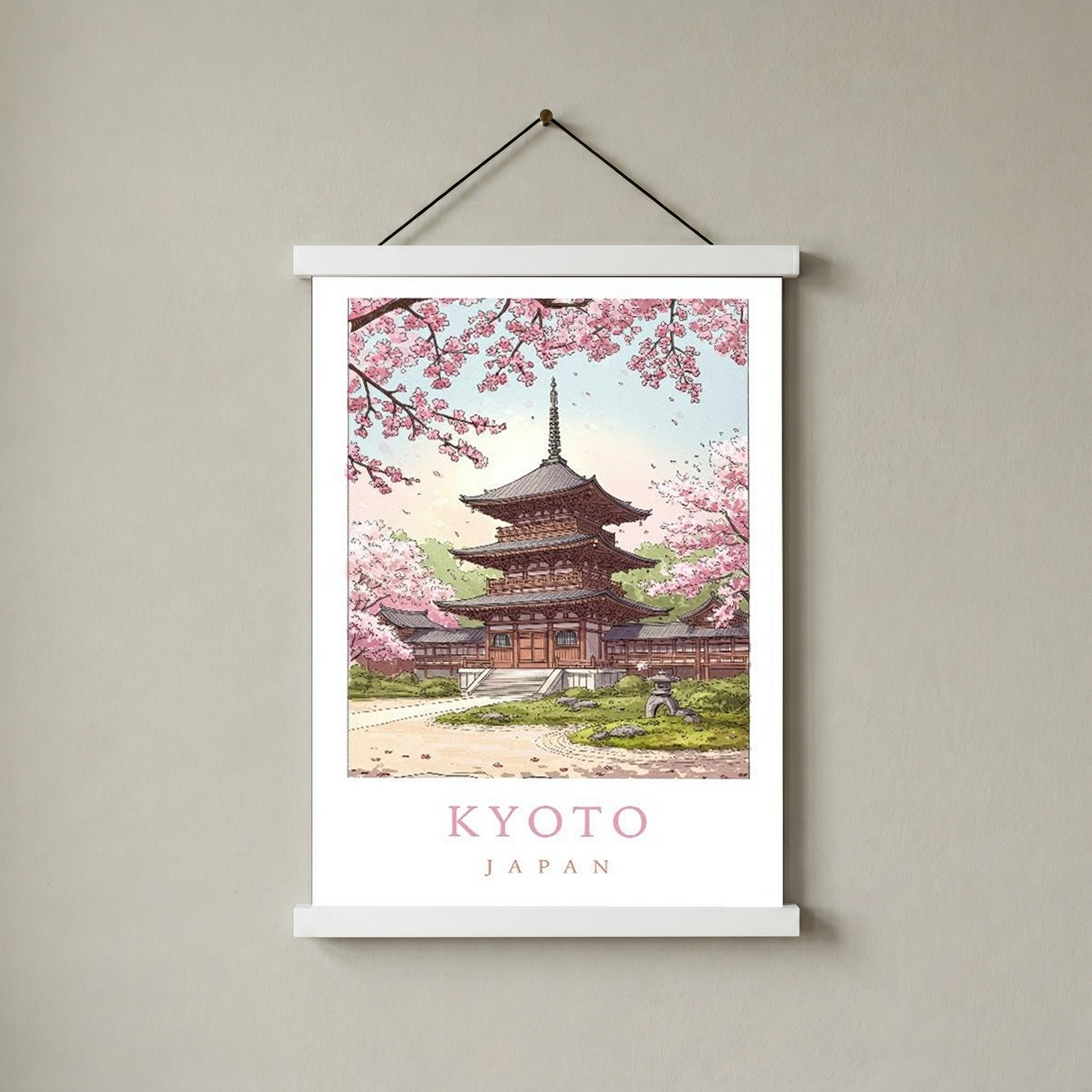 Kyoto Japan Travel Poster — Cherry Blossom Pagoda Temple Print