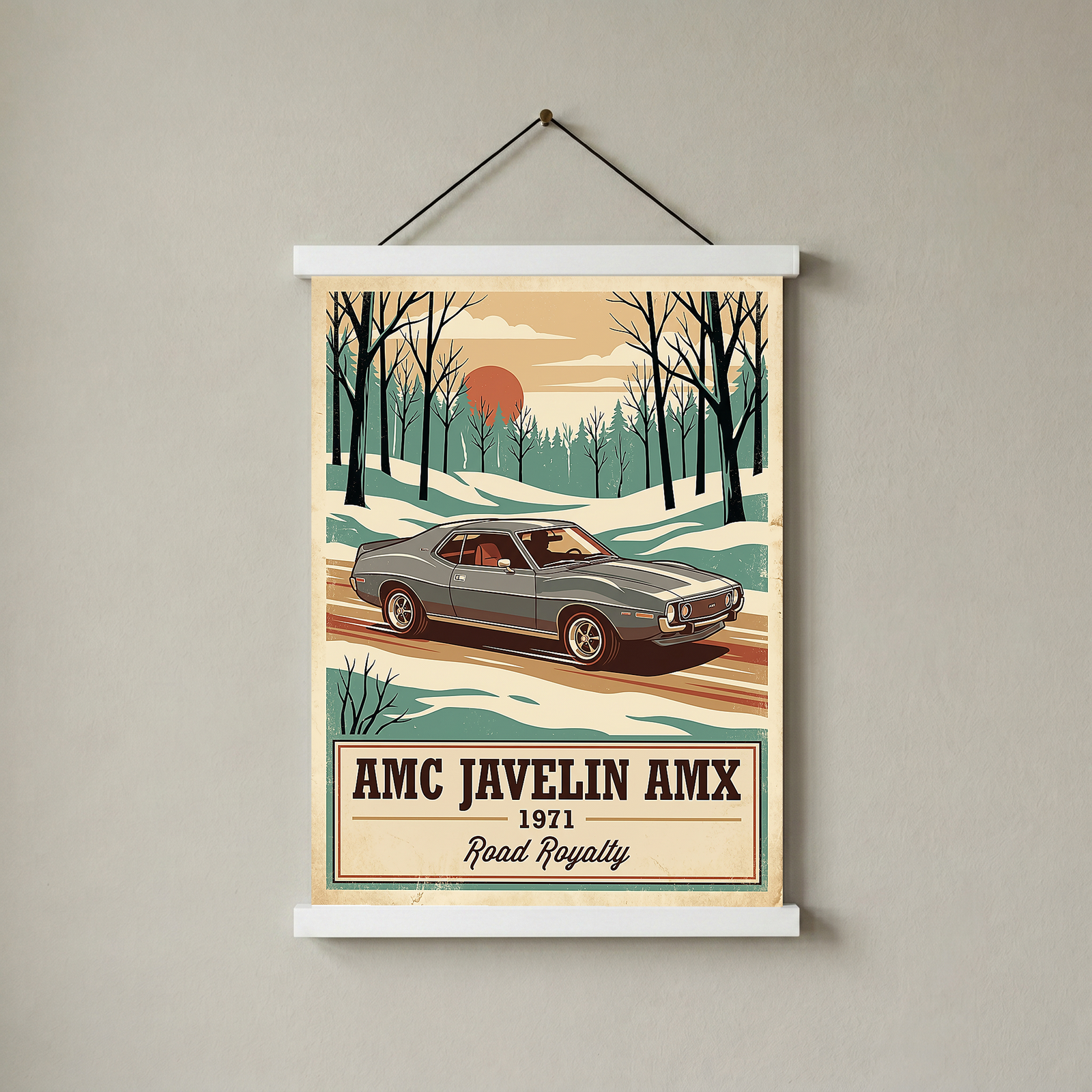 AMC Javelin AMX 1971 V2 Poster — Vintage Muscle Winter Snow Birch Forest Print