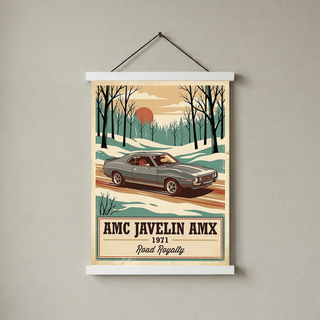 AMC Javelin AMX 1971 V2 Poster — Vintage Muscle Winter Snow Birch Forest Print