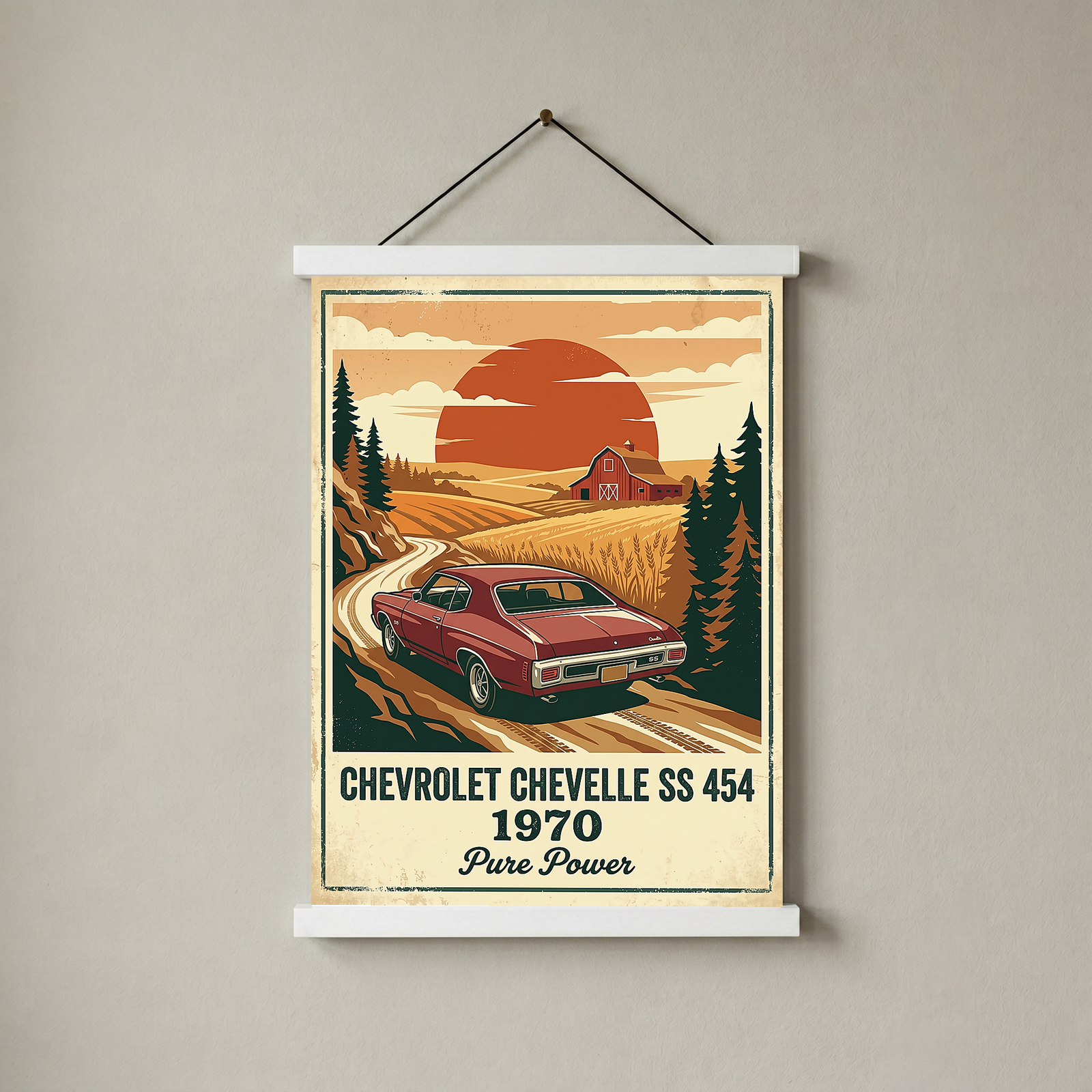 Chevrolet Chevelle SS 454 1970 V2 Poster — Vintage Muscle Car Wheat Field Sunset Print