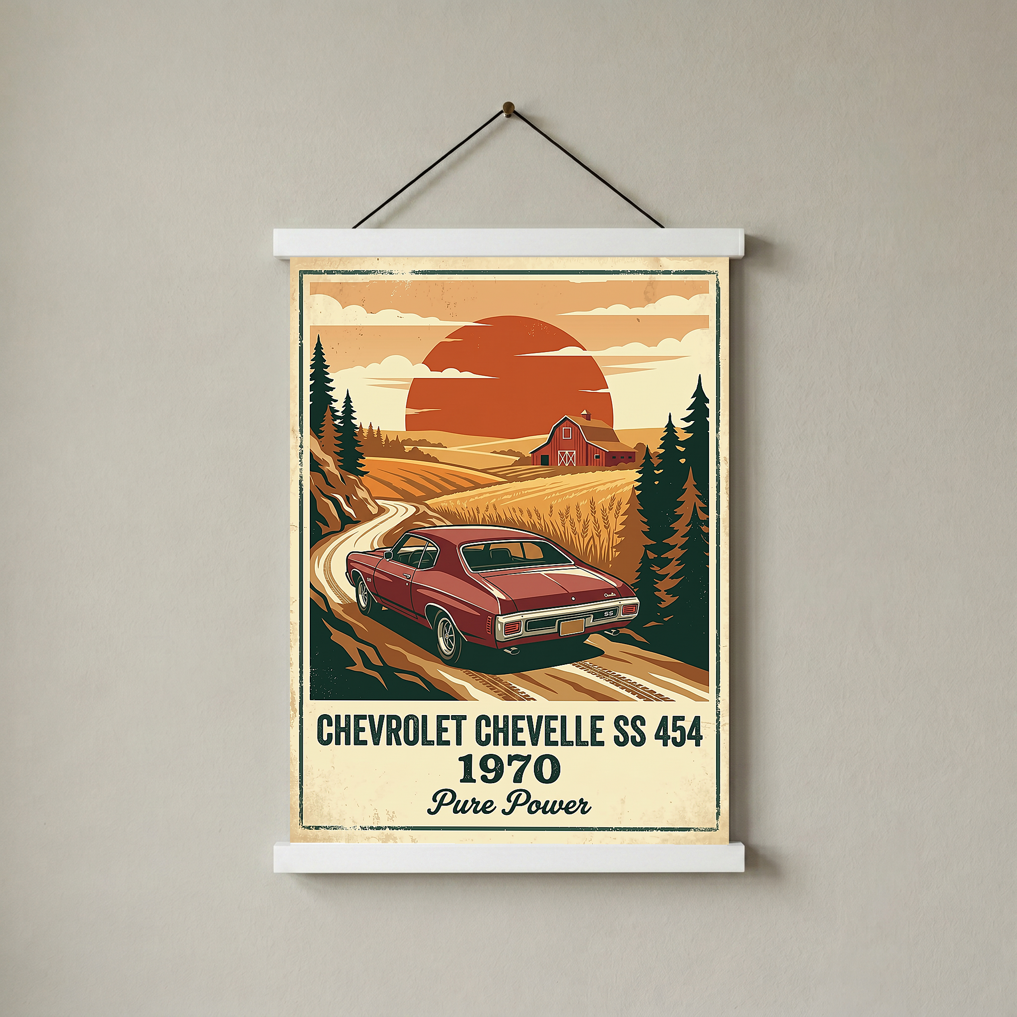 Chevrolet Chevelle SS 454 1970 V2 Poster — Vintage Muscle Car Wheat Field Sunset Print
