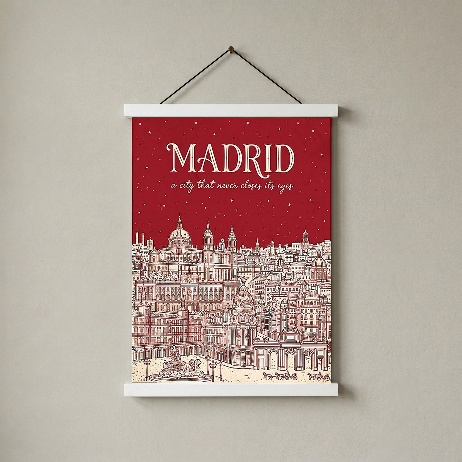 Madrid Line Art Print — Cherry Red Royal Palace Plaza Mayor Skyline Wall Art