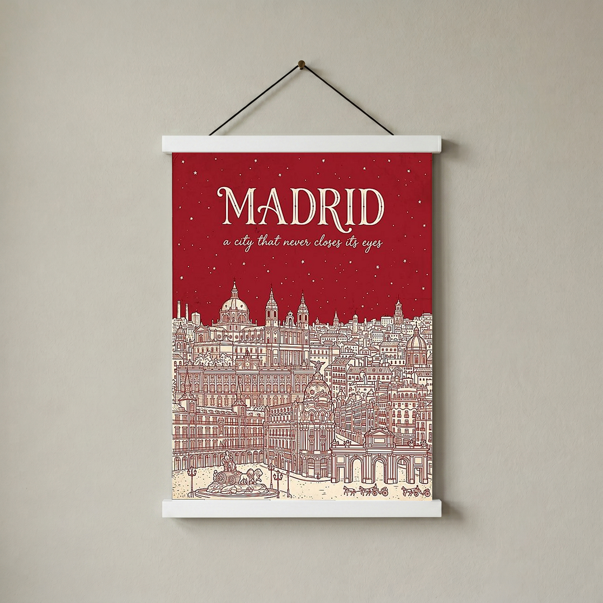 Madrid Line Art Print — Cherry Red Royal Palace Plaza Mayor Skyline Wall Art