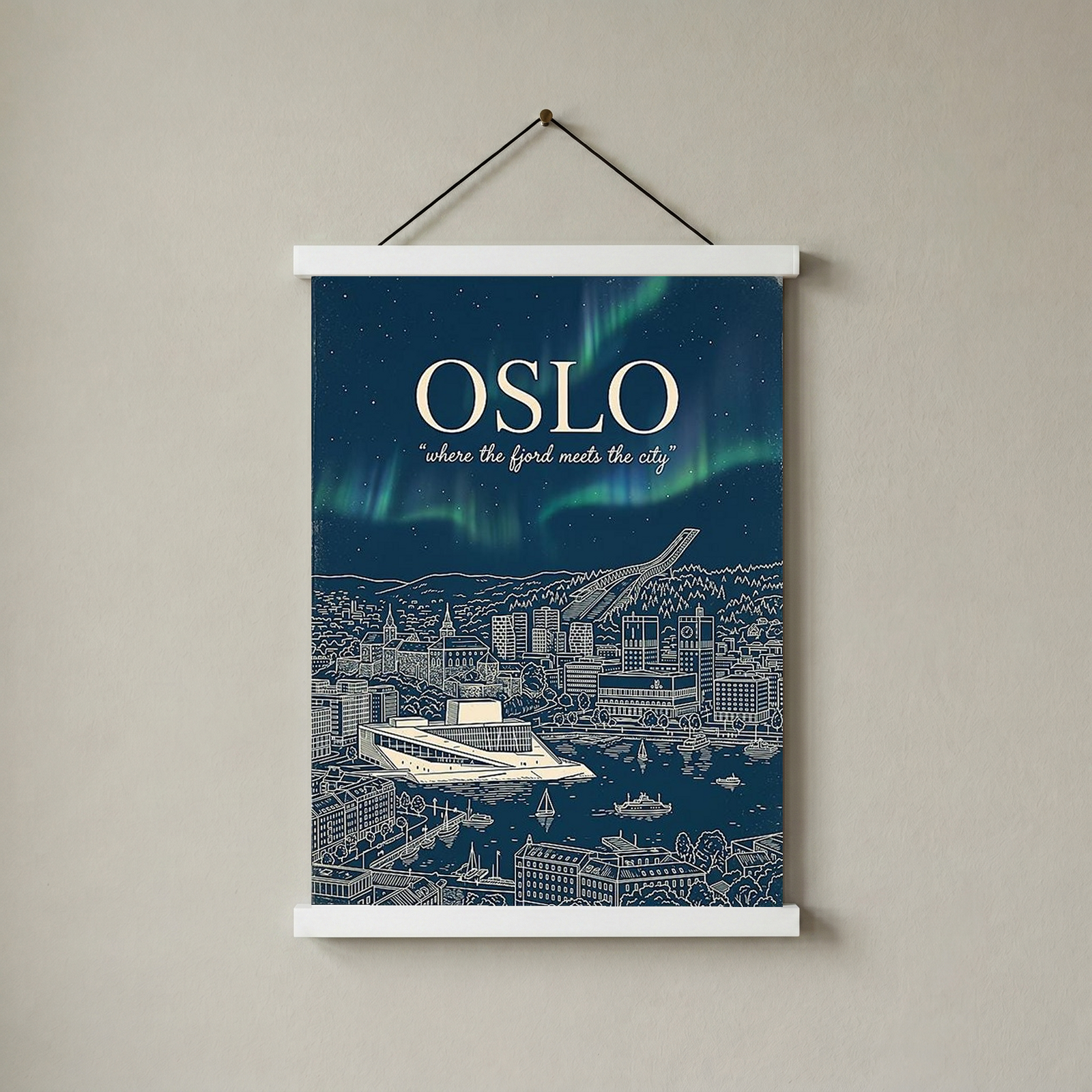 Oslo Line Art Print — Navy Opera House Fjord Aurora Borealis Skyline Wall Art