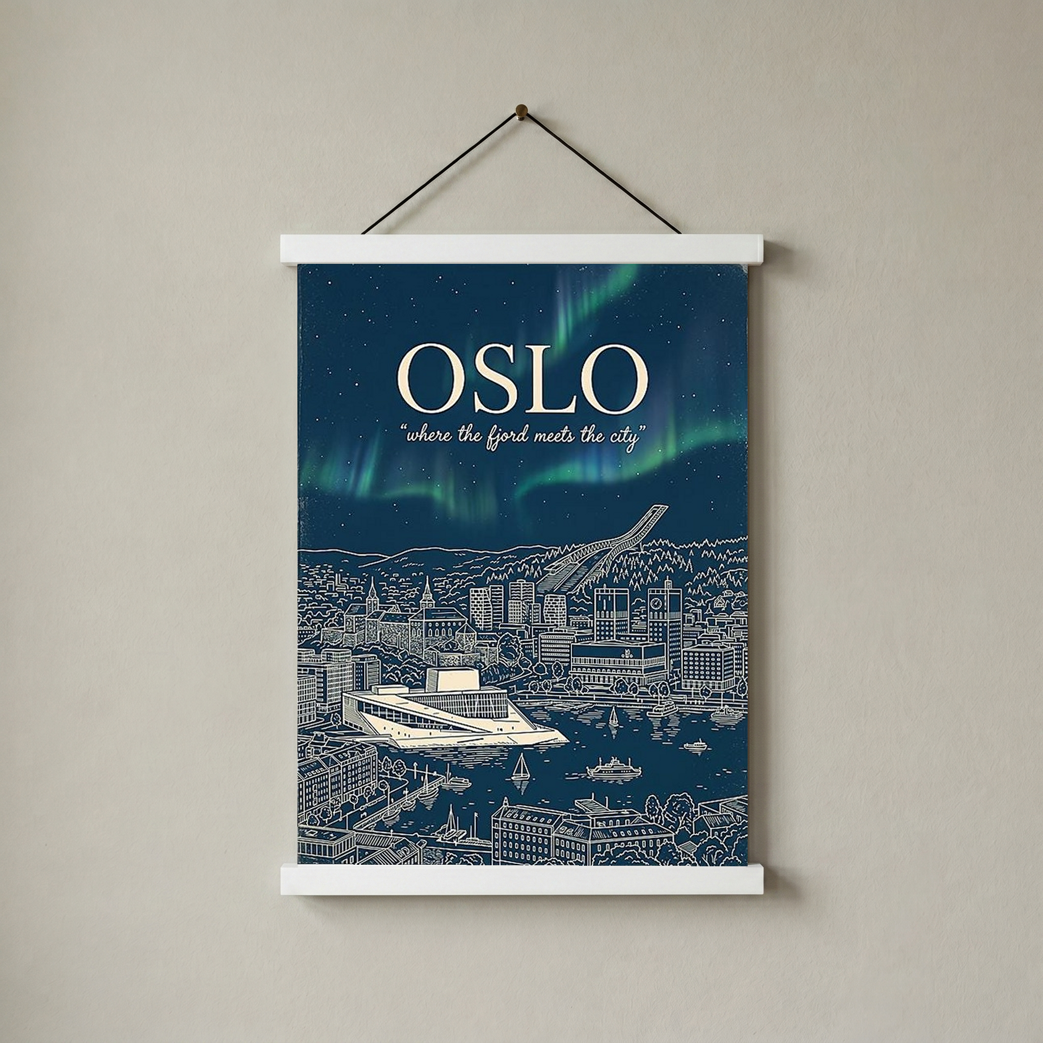 Oslo Line Art Print — Navy Opera House Fjord Aurora Borealis Skyline Wall Art