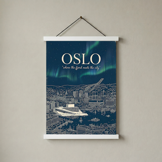 Oslo Line Art Print — Navy Opera House Fjord Aurora Borealis Skyline Wall Art