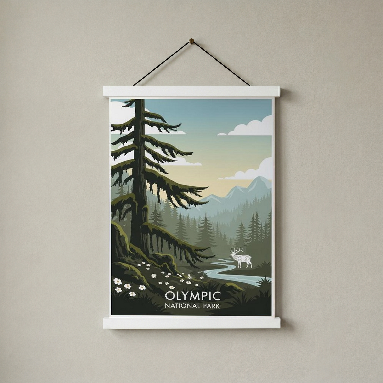 Olympic National Park Poster — Vintage Washington Roosevelt Elk Old-Growth Print