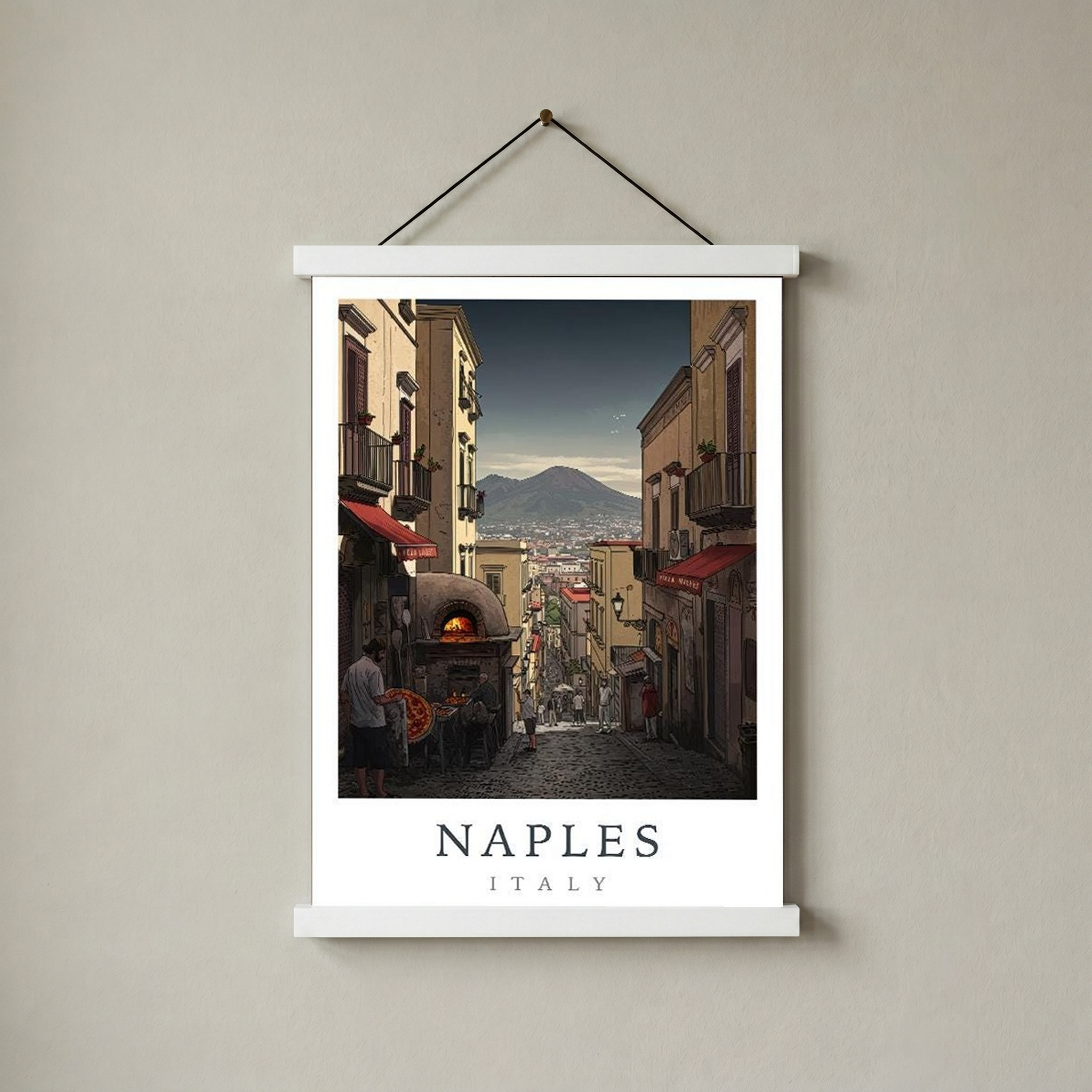 Naples Italy Travel Poster — Vesuvius Pizza Street Scene Print
