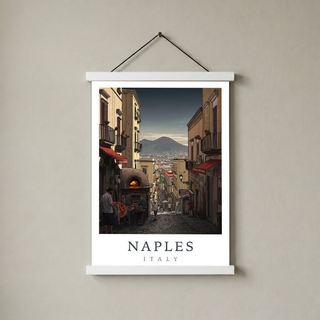 Naples Italy Travel Poster — Vesuvius Pizza Street Scene Print