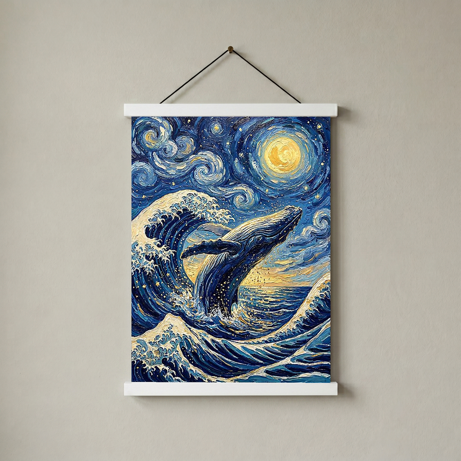 Breaching Whale Starry Night Print — Van Gogh-Style Ocean Humpback Wall Art