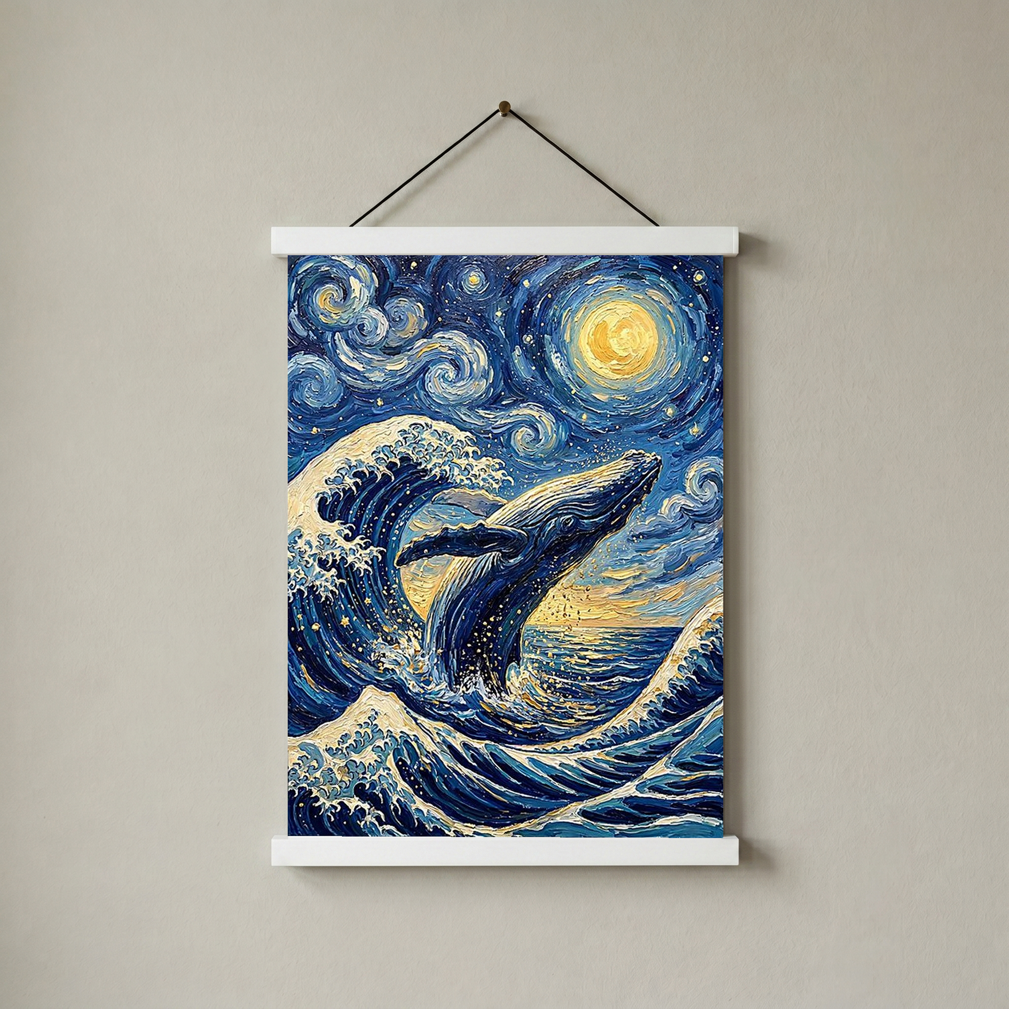 Breaching Whale Starry Night Print — Van Gogh-Style Ocean Humpback Wall Art