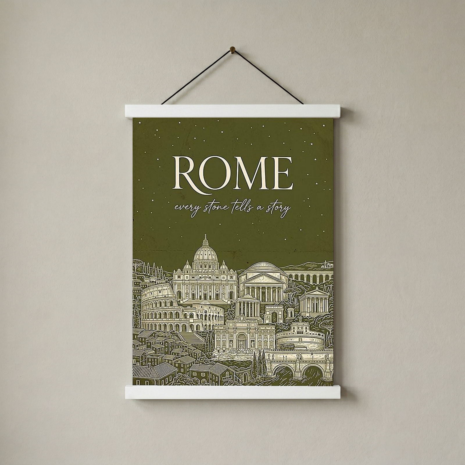 Rome Line Art Print — Olive Green Colosseum Vatican Skyline Wall Art