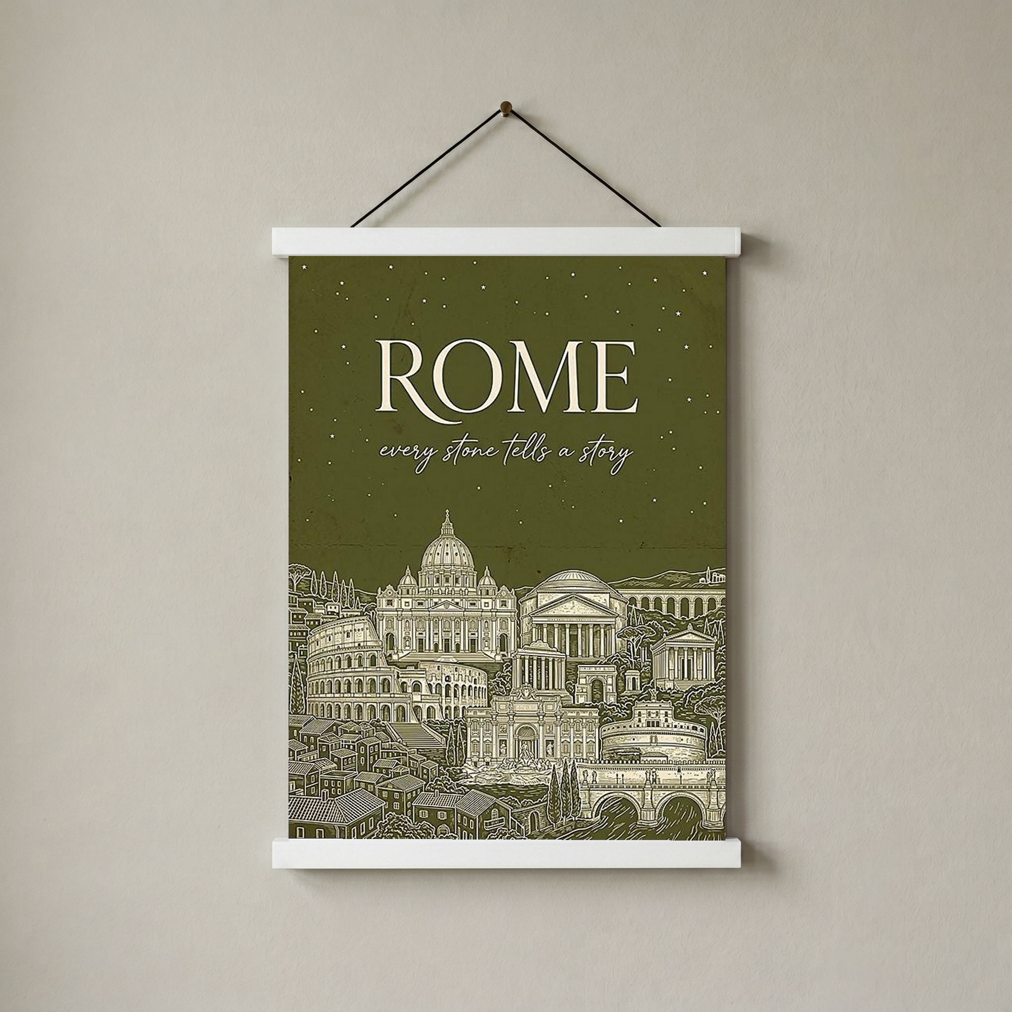 Rome Line Art Print — Olive Green Colosseum Vatican Skyline Wall Art
