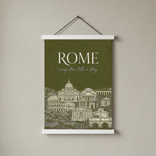 Rome Line Art Print — Olive Green Colosseum Vatican Skyline Wall Art