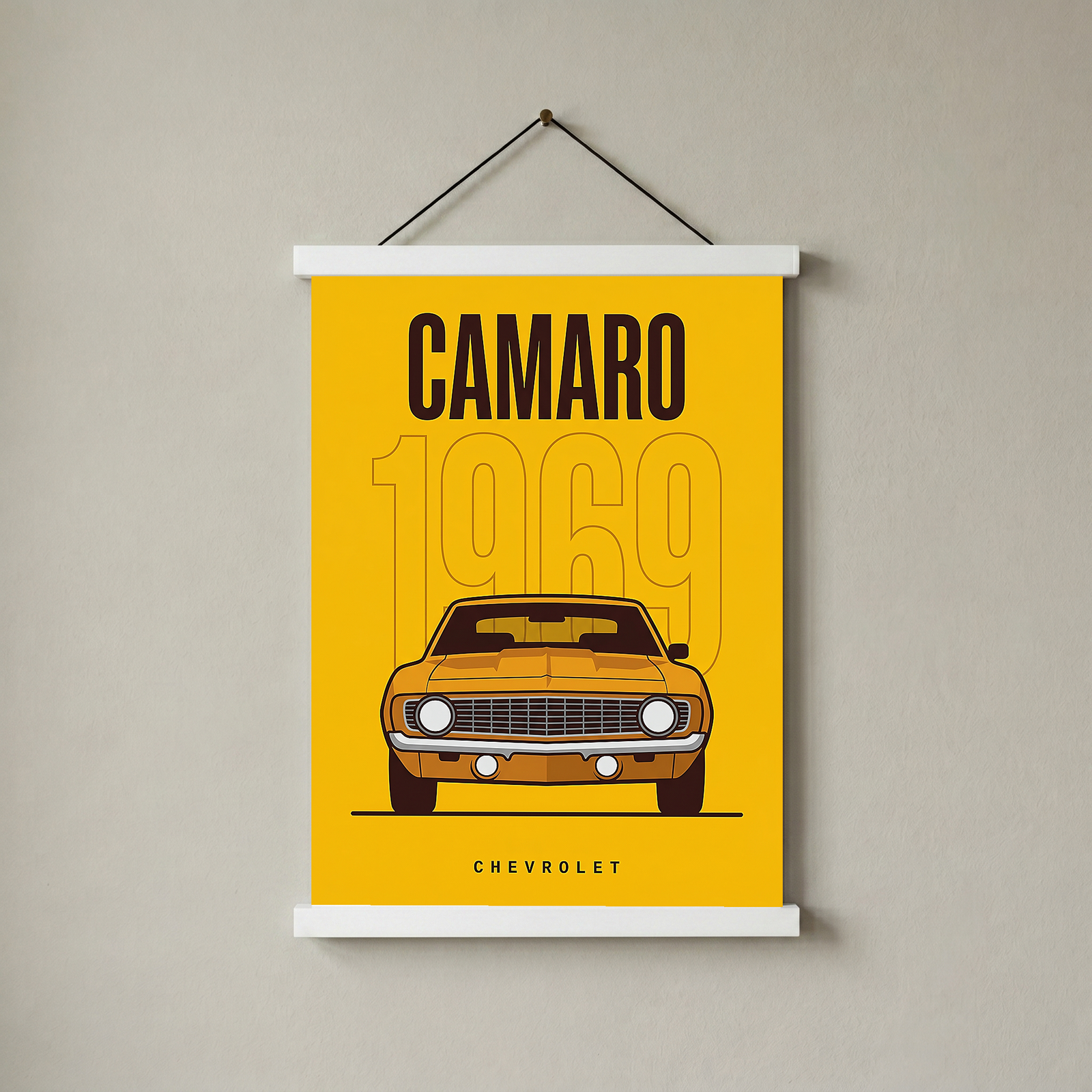 Chevrolet Camaro 1969 V2 Yellow Minimalist Poster — Muscle Car Line Art