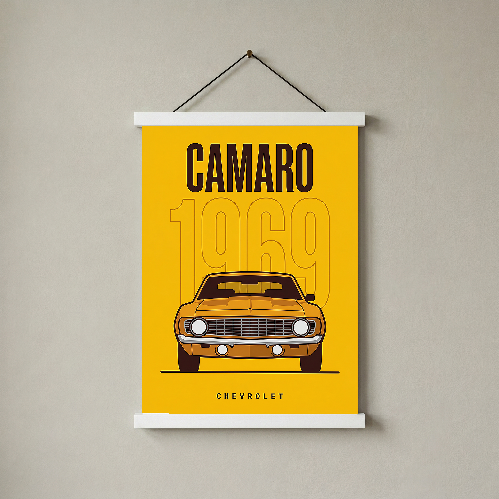 Chevrolet Camaro 1969 V2 Yellow Minimalist Poster — Muscle Car Line Art