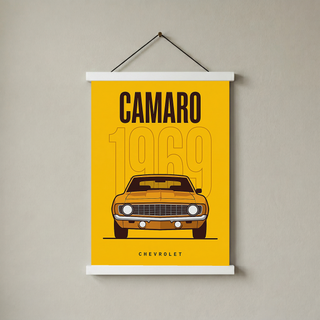 Chevrolet Camaro 1969 V2 Yellow Minimalist Poster — Muscle Car Line Art