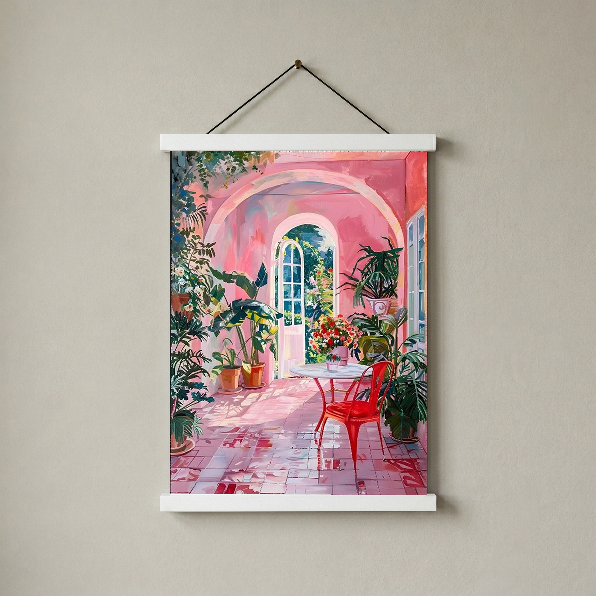 Pink Botanical Archway Painting — Lush Indoor Garden Conservatory Poster