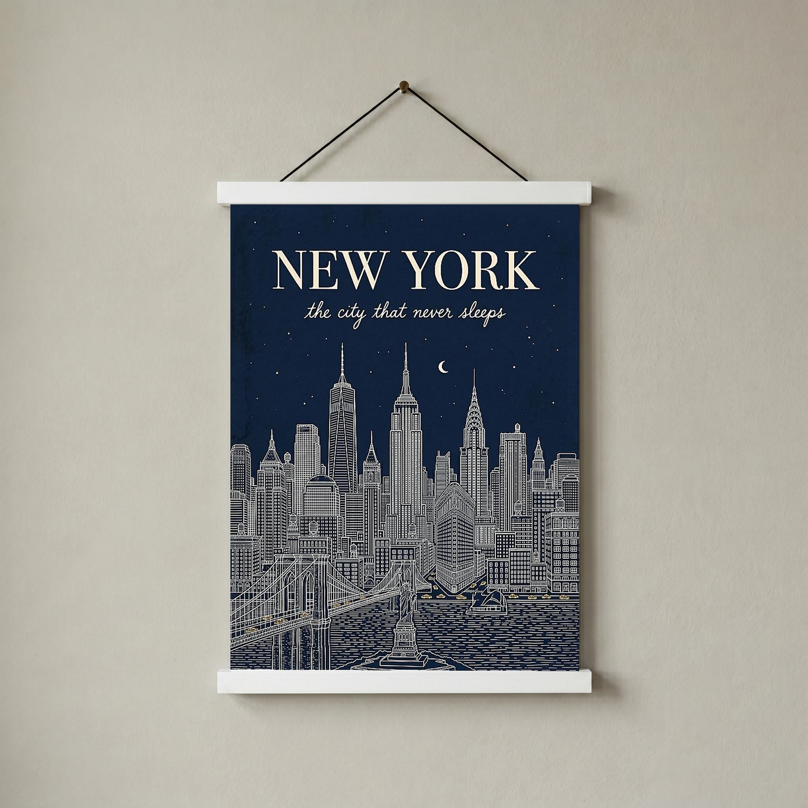 New York Line Art Print — Navy Manhattan Skyline Empire State Brooklyn Bridge Wall Art