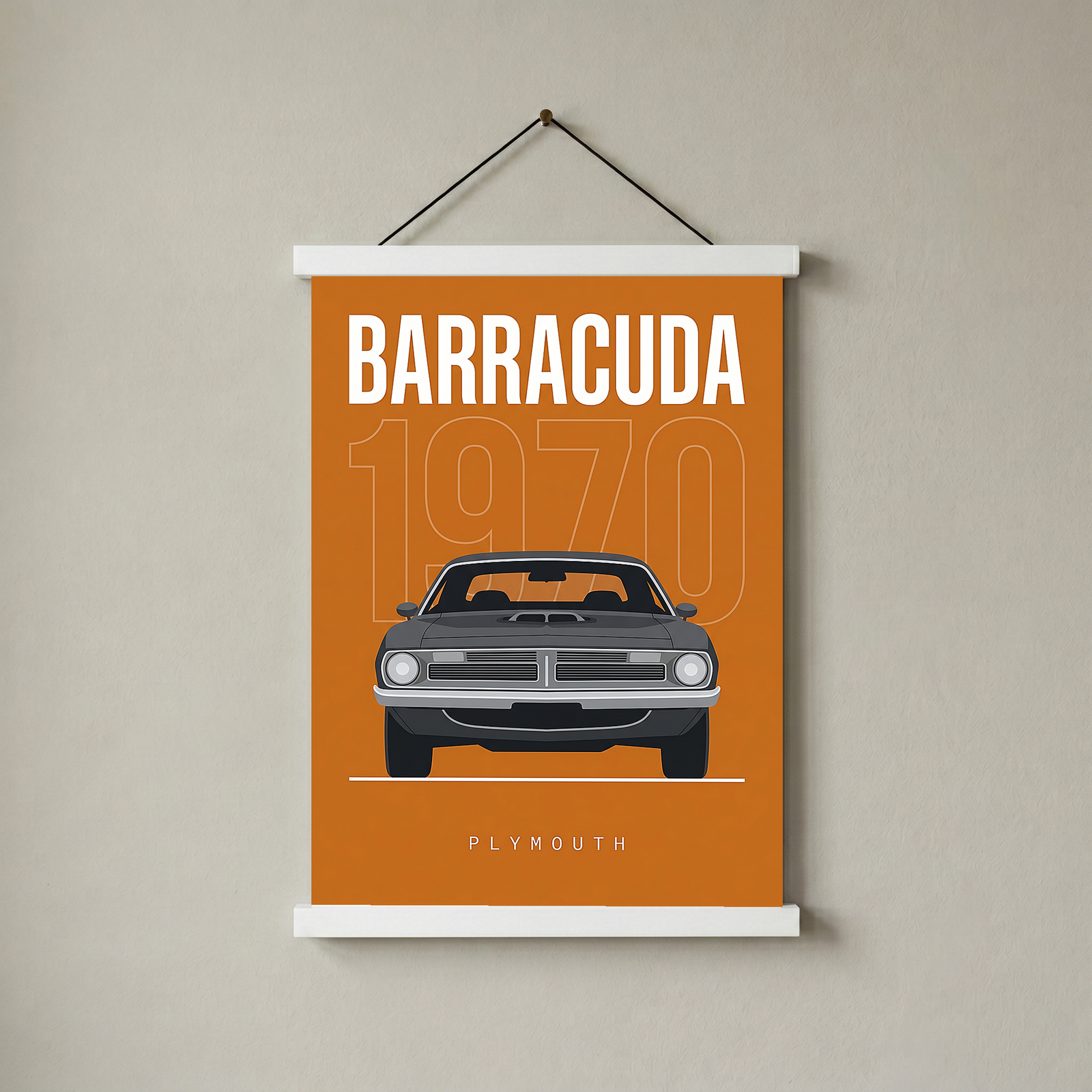 Plymouth Barracuda 1970 Minimalist Poster — Orange Muscle Car Line Art