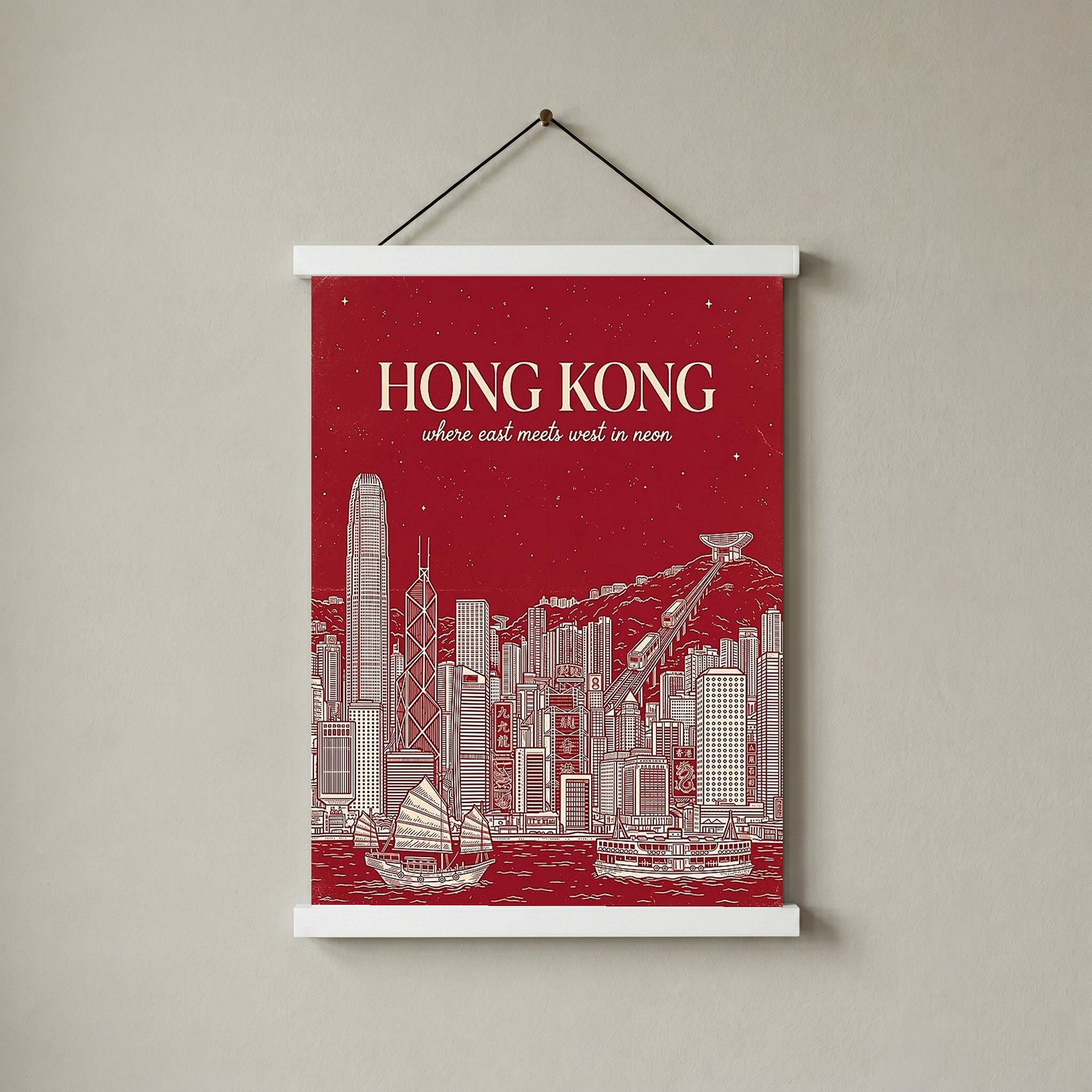 Hong Kong Line Art Print — Crimson Victoria Harbour Skyline Junk Boat Wall Art