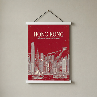 Hong Kong Line Art Print — Crimson Victoria Harbour Skyline Junk Boat Wall Art