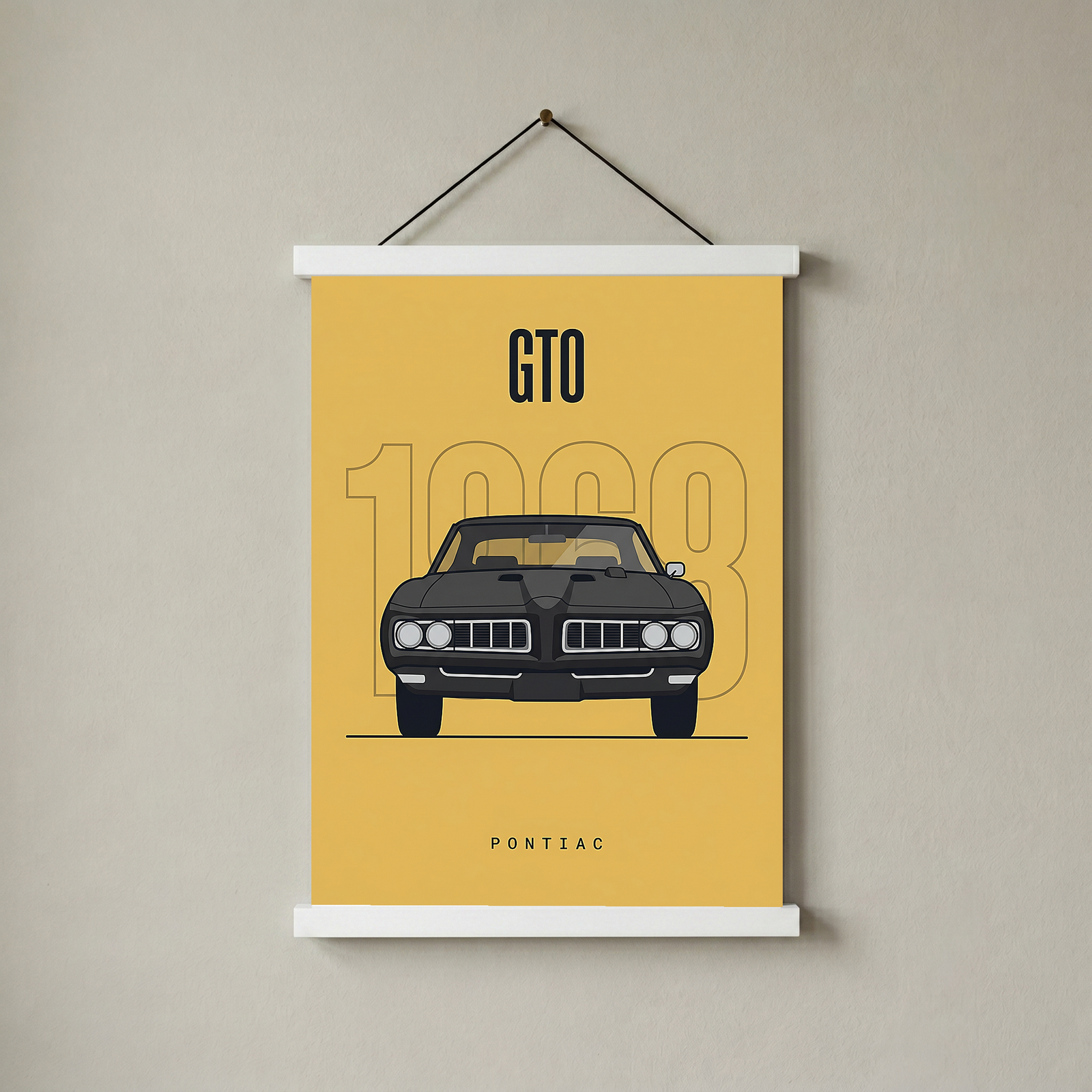 Pontiac GTO 1968 Minimalist Poster — Golden Yellow Muscle Car Line Art