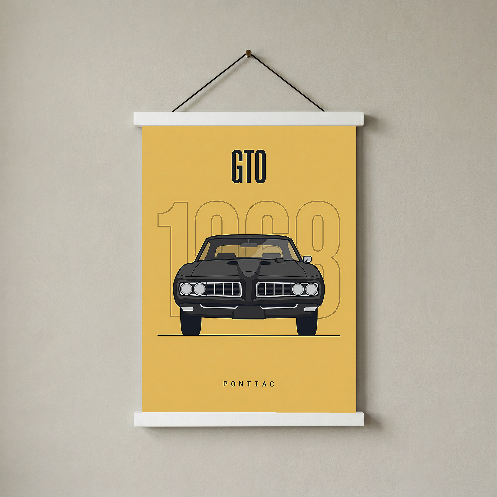 Pontiac GTO 1968 Minimalist Poster — Golden Yellow Muscle Car Line Art