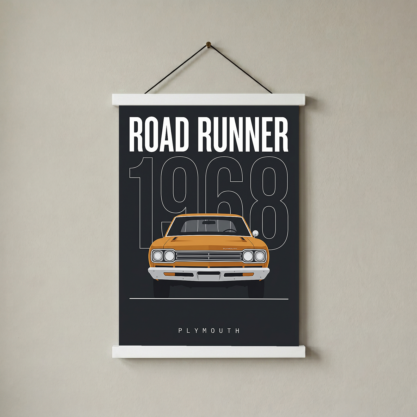 Plymouth Road Runner 1968 Minimalist Poster — Charcoal Muscle Car Line Art