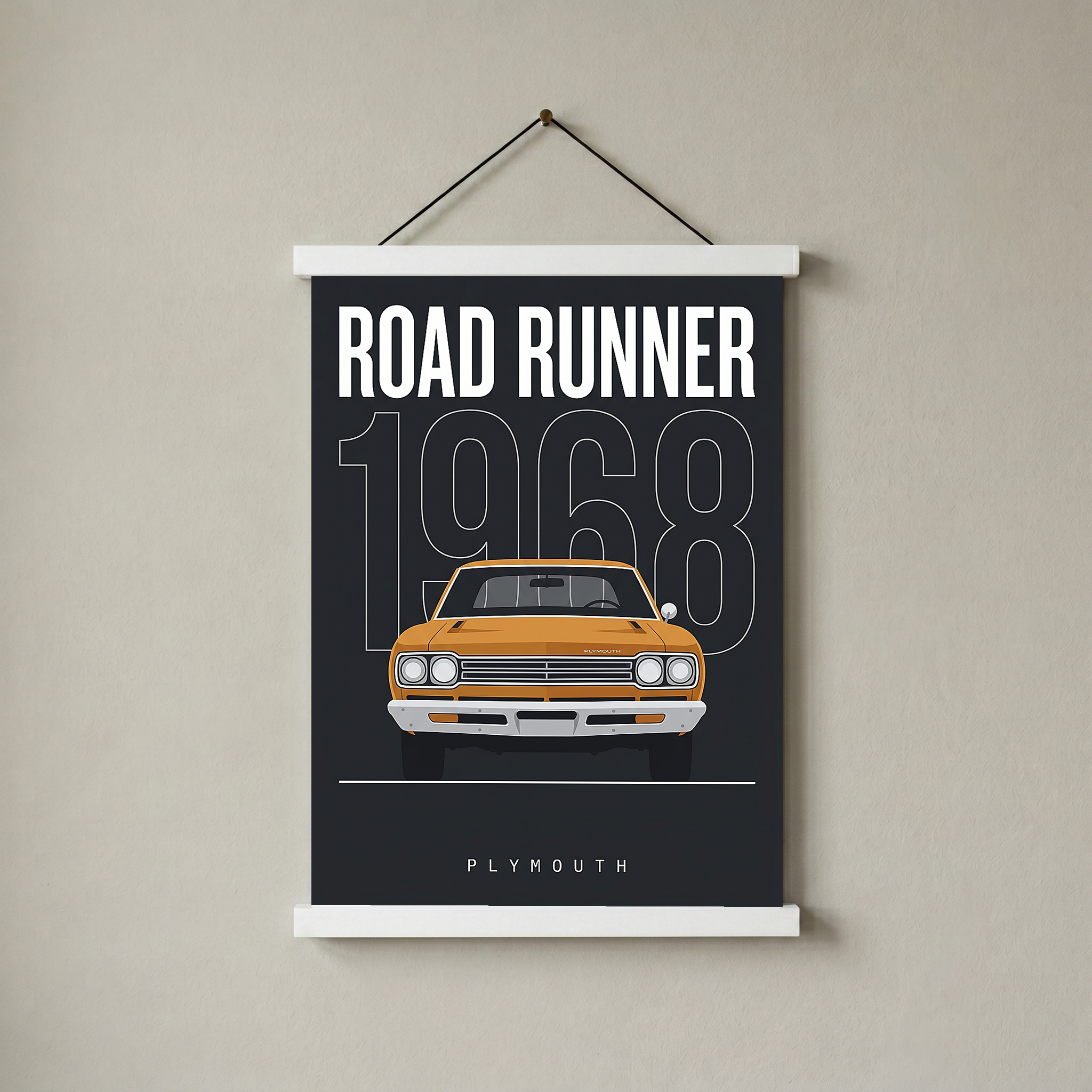Plymouth Road Runner 1968 Minimalist Poster — Charcoal Muscle Car Line Art