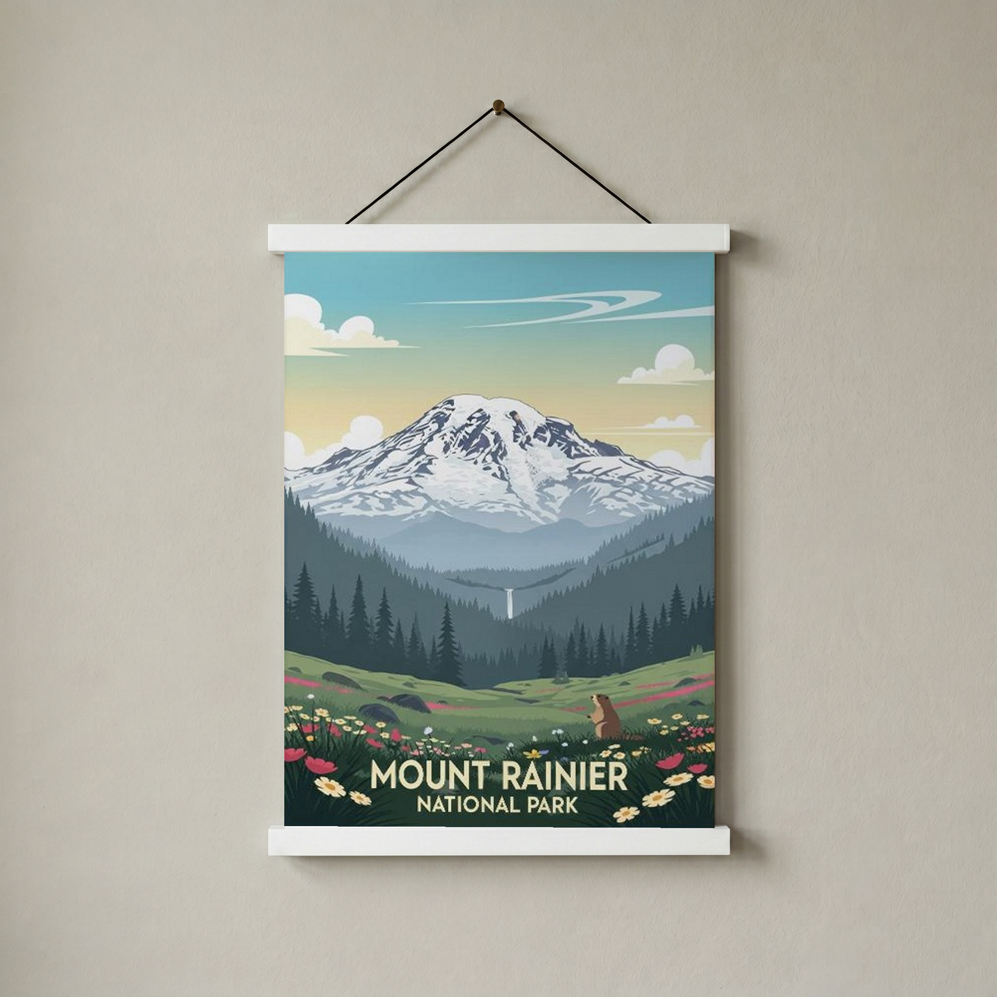 Mount Rainier National Park Poster — Vintage Washington Wildflower Marmot Print