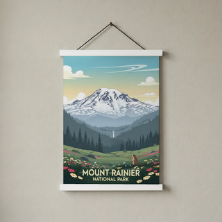 Mount Rainier National Park Poster — Vintage Washington Wildflower Marmot Print