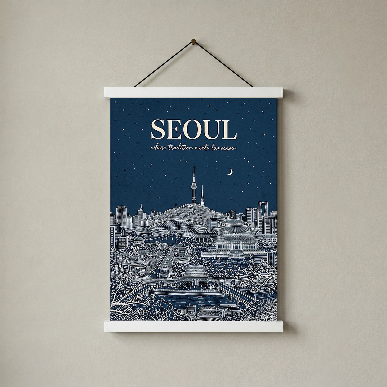 Seoul Line Art Print — Navy N Seoul Tower Gyeongbokgung Palace Skyline Wall Art