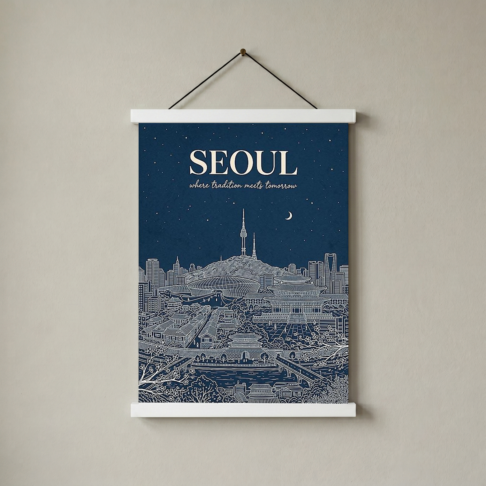 Seoul Line Art Print — Navy N Seoul Tower Gyeongbokgung Palace Skyline Wall Art